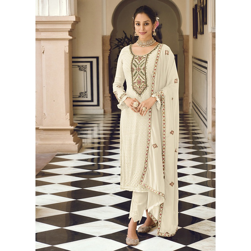 3 Pc Cream Semi Stitched Georgette Suit Set - JD986604637