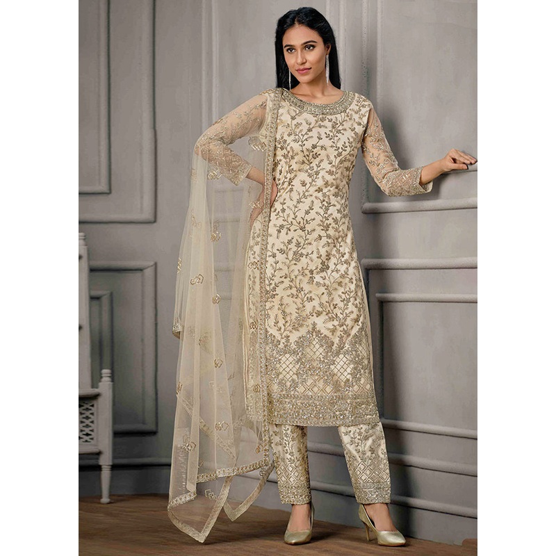 3 Pc Cream Semi Stitched Net Suit Set - JD986604633