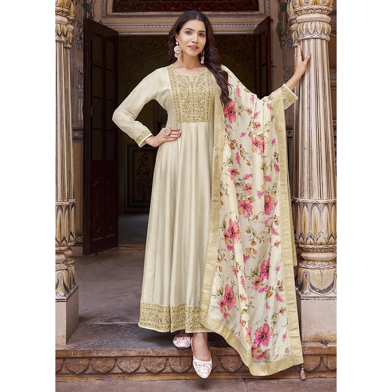 3 Pc Cream Semi Stitched Silk Suit Set - JD986604631