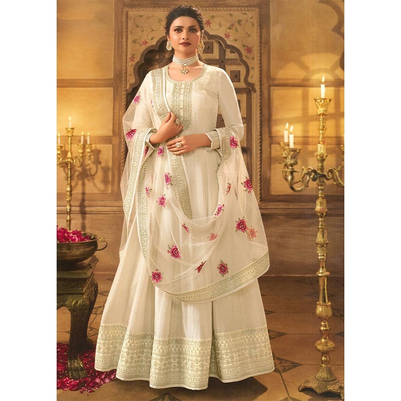 3 Pc Cream Semi Stitched Silk Suit Set - JD986604632