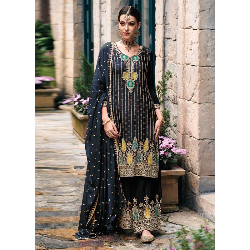3 Pc Dark Grey Semi Stitched Silk Suit Set - JD986604630