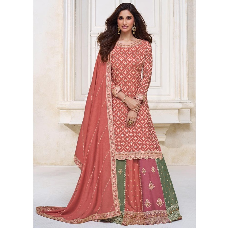 3 Pc Dark Peach Semi Stitched Silk Suit Set - JD986604629