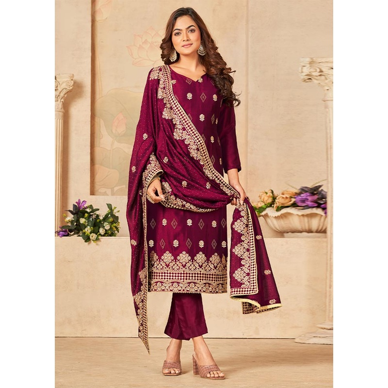 3 Pc Dark Pink Semi Stitched Georgette Suit Set - JD986604628