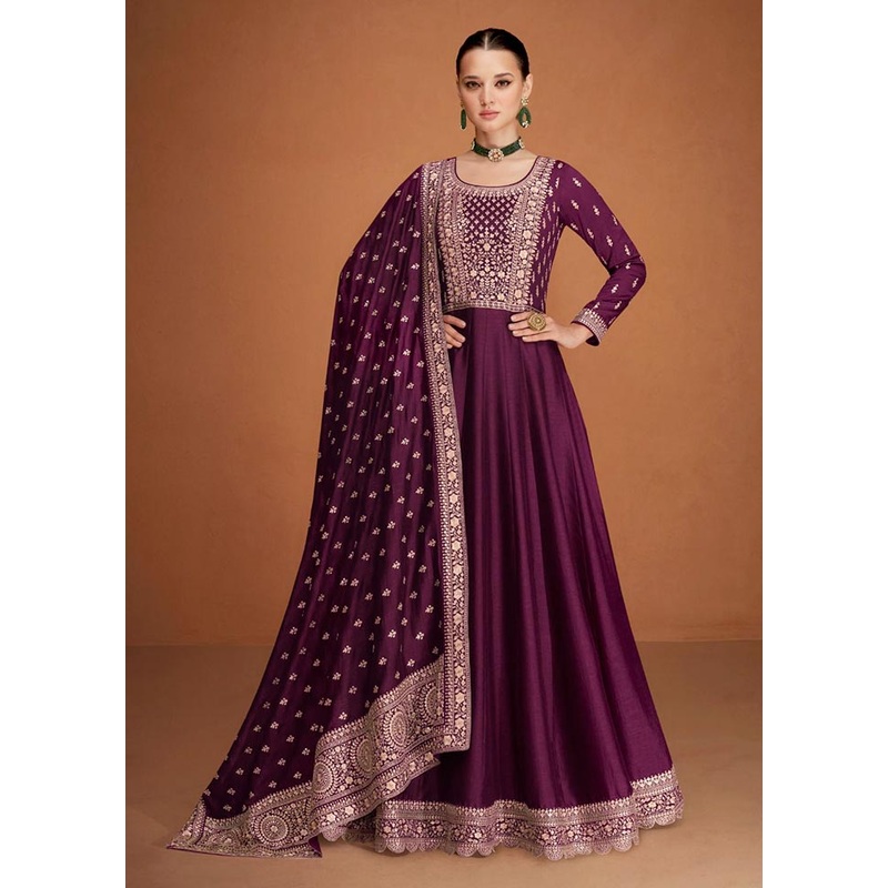 3 Pc Dark Purple Semi Stitched Silk Suit Set - JD986604626