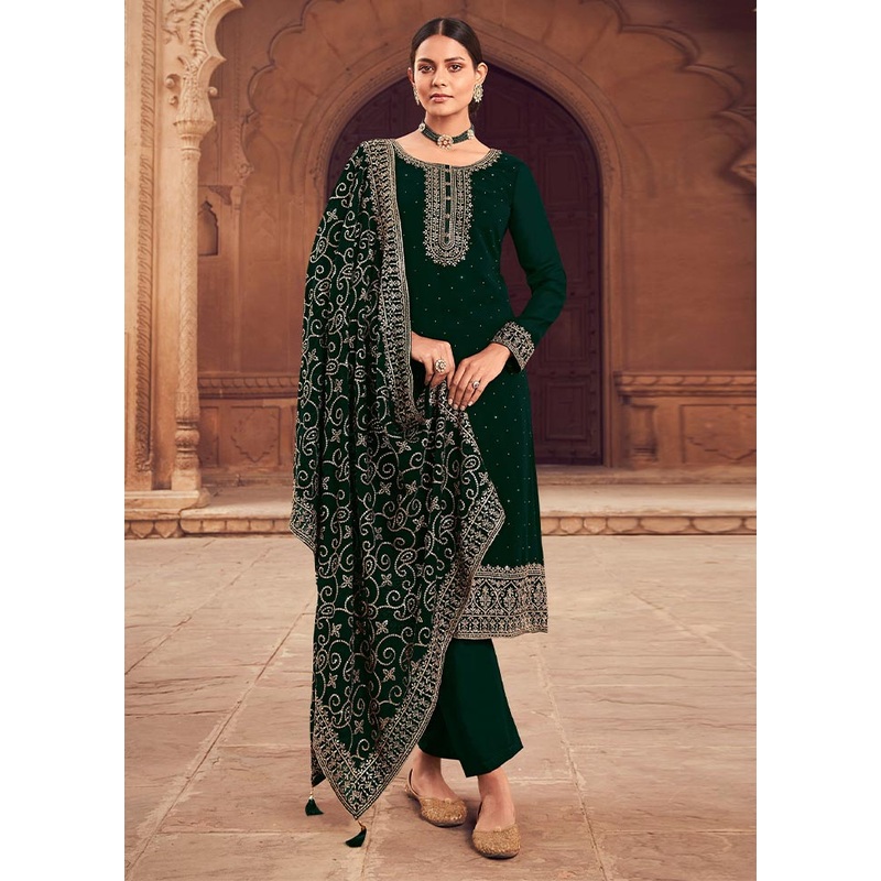 3 Pc Green Semi Stitched Georgette Suit Set - JD986604617