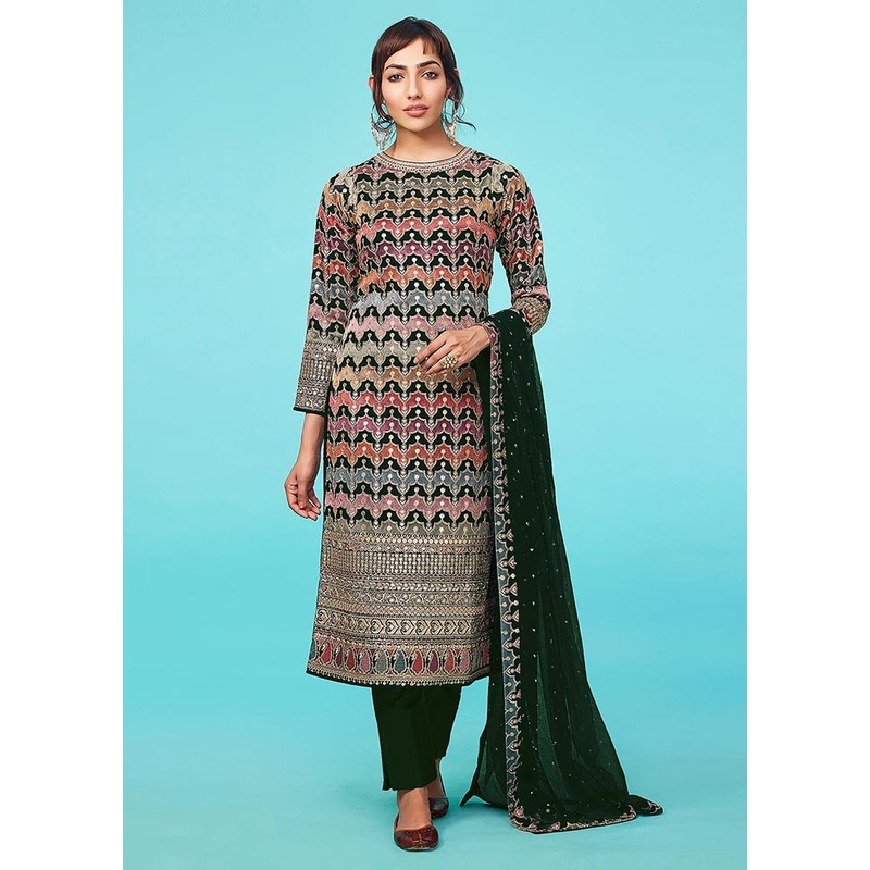 3 Pc Green Semi Stitched Georgette Suit Set - JD986604618