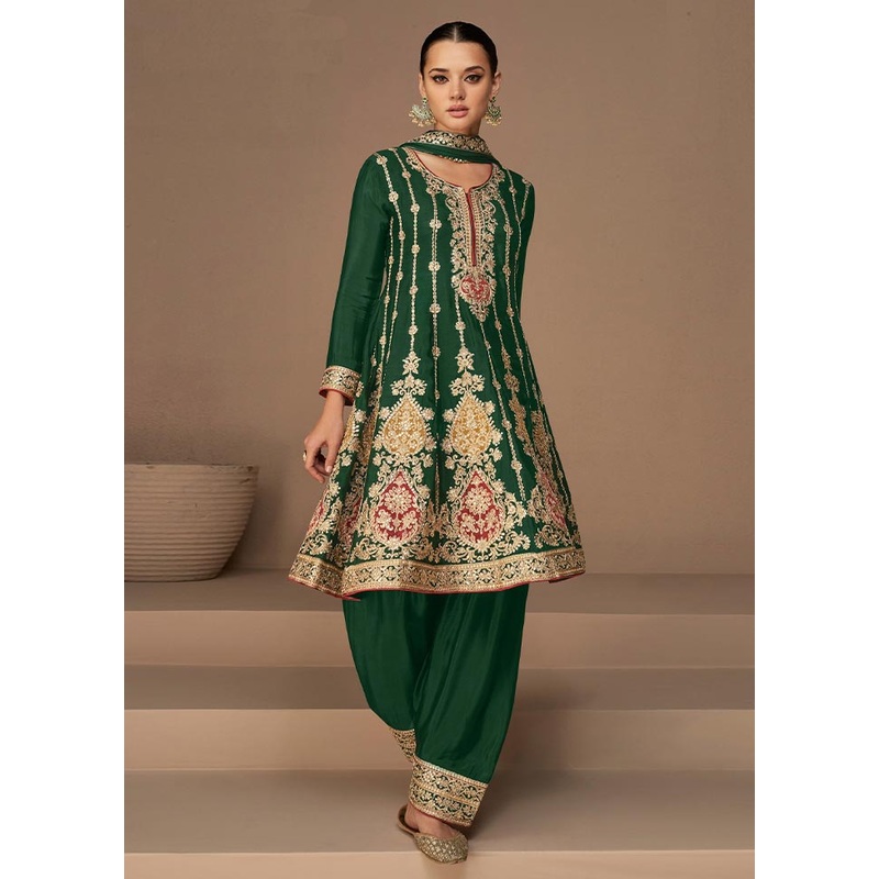 3 Pc Green Semi Stitched Georgette Suit Set - JD986604619
