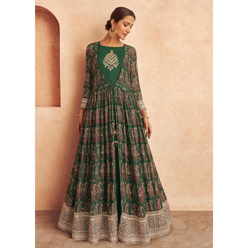 3 Pc Green Semi Stitched Georgette Suit Set - JD986604620