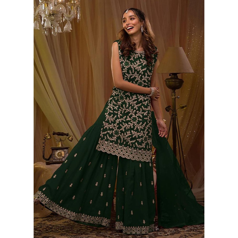 3 Pc Green Semi Stitched Georgette Suit Set - JD986604621