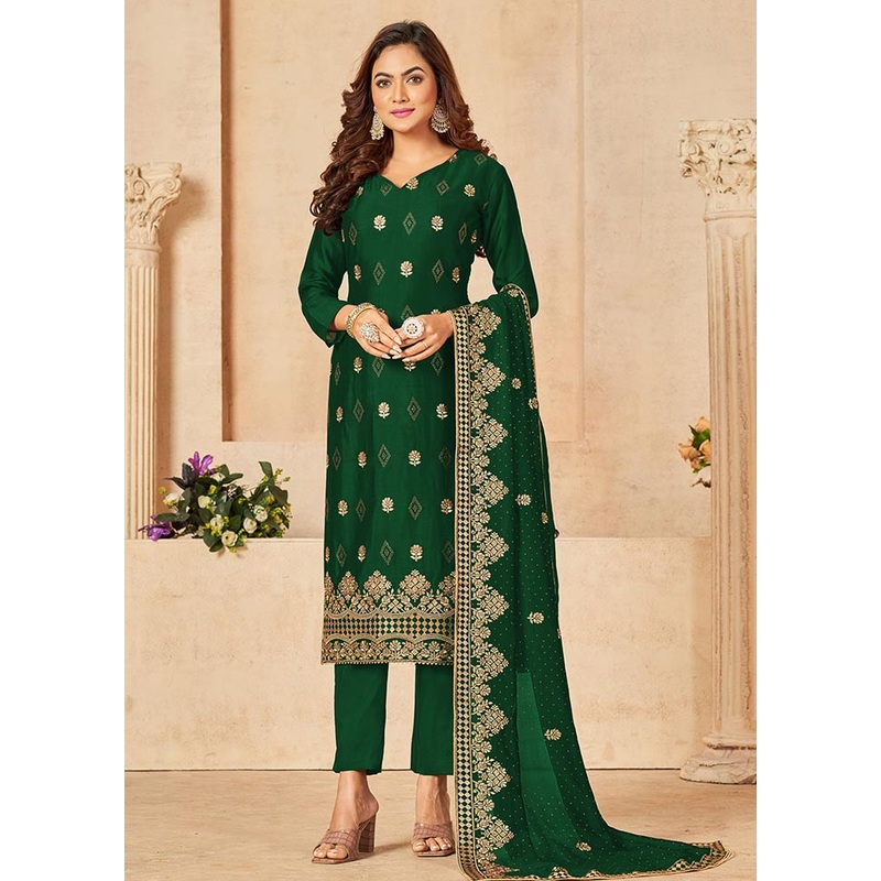 3 Pc Green Semi Stitched Georgette Suit Set - JD986604622
