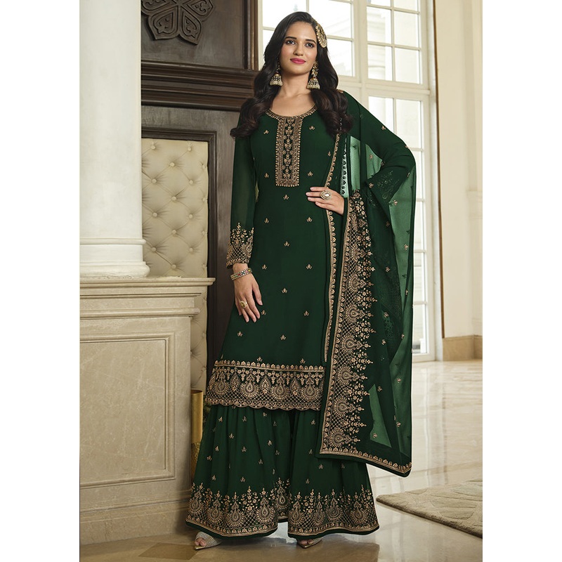 3 Pc Green Semi Stitched Georgette Suit Set - JD986604623