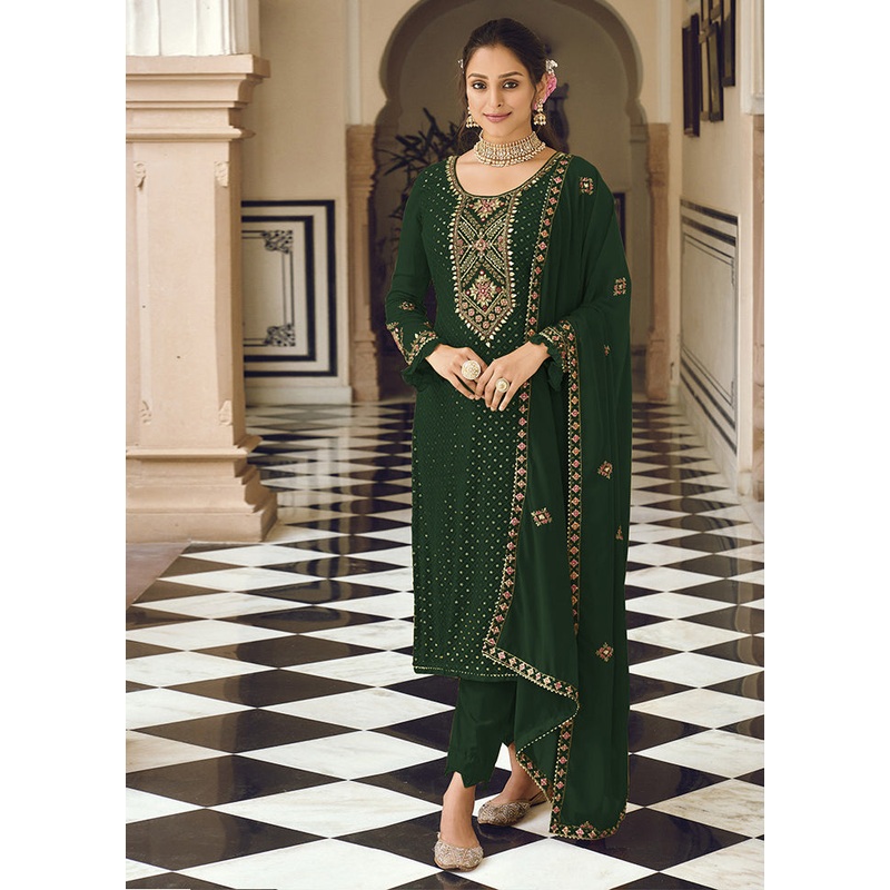 3 Pc Green Semi Stitched Georgette Suit Set - JD986604624