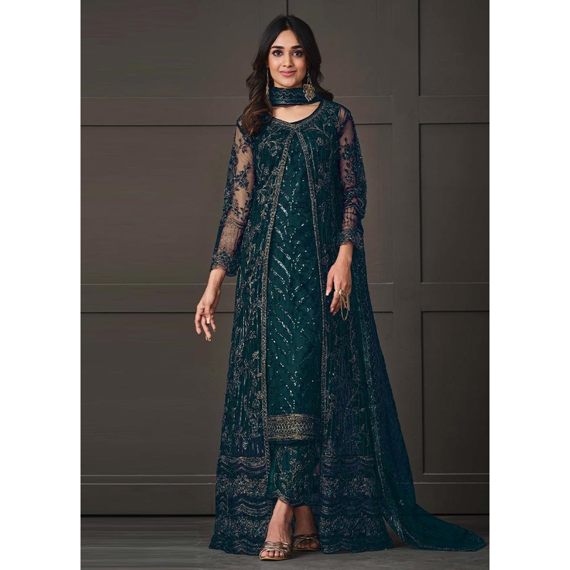 3 Pc Green Semi Stitched Net Suit Set - JD986604616