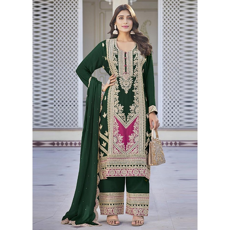 3 Pc Green Semi Stitched Silk Suit Set - JD986604608