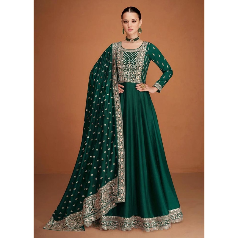 3 Pc Green Semi Stitched Silk Suit Set - JD986604609