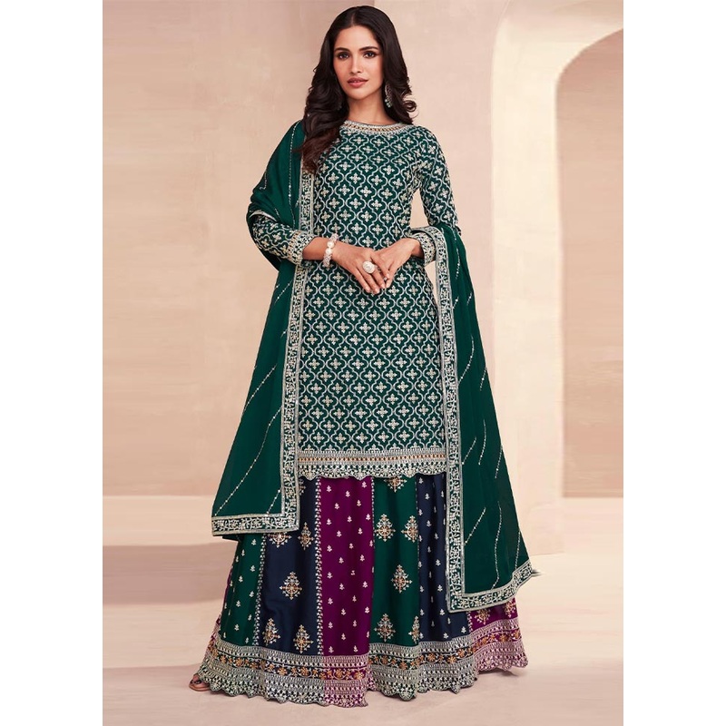 3 Pc Green Semi Stitched Silk Suit Set - JD986604610