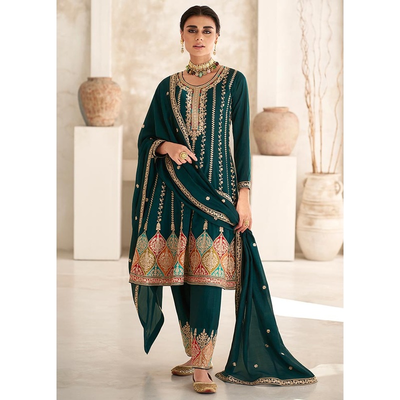 3 Pc Green Semi Stitched Silk Suit Set - JD986604611