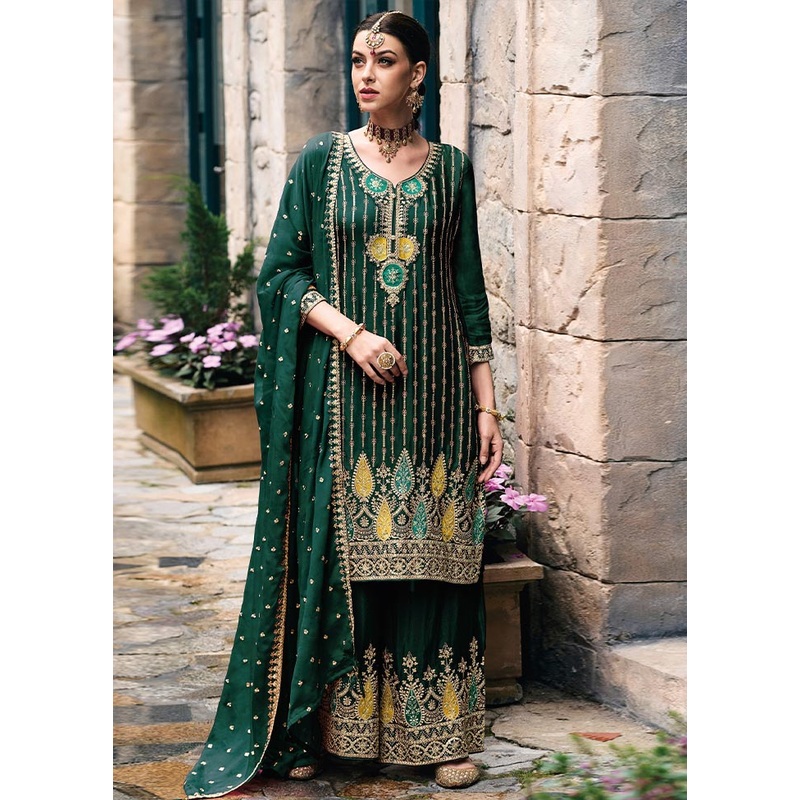 3 Pc Green Semi Stitched Silk Suit Set - JD986604612