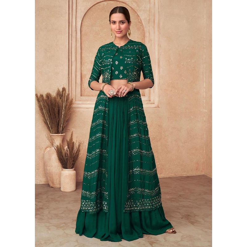 3 Pc Green Semi Stitched Silk Suit Set - JD986604613