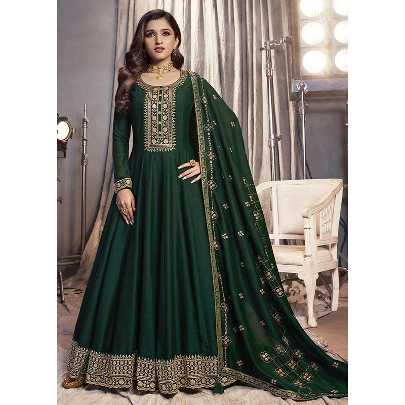 3 Pc Green Semi Stitched Silk Suit Set - JD986604614