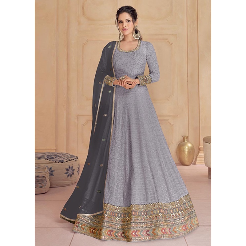 3 Pc Grey Semi Stitched Georgette Suit Set - JD986604606