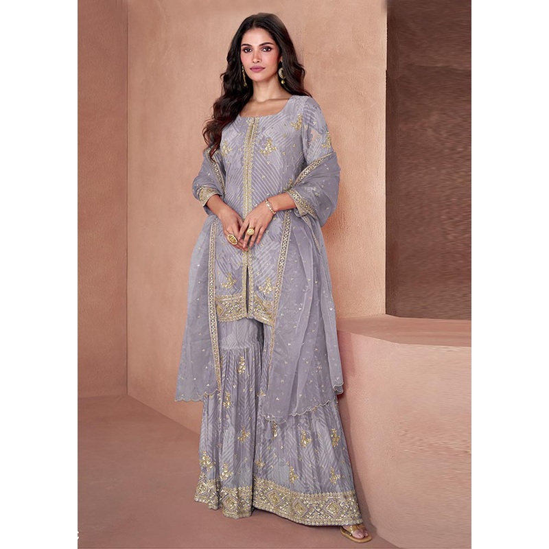 3 Pc Grey Semi Stitched Georgette Suit Set - JD986604607