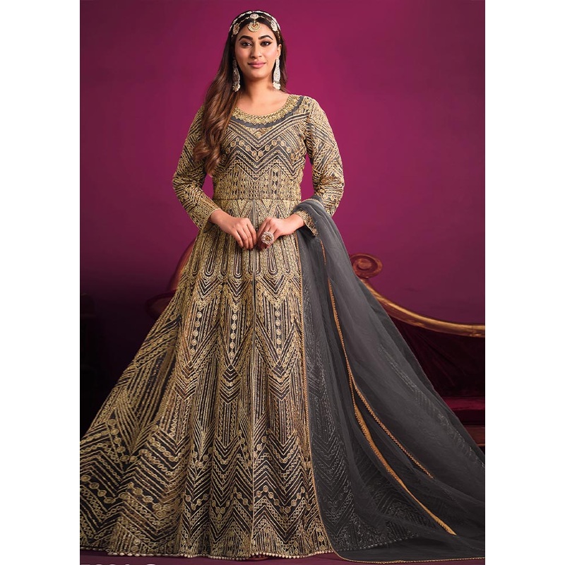 3 Pc Grey Semi Stitched Net Suit Set - JD986604604