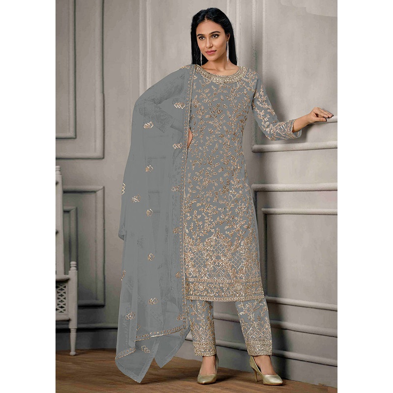 3 Pc Grey Semi Stitched Net Suit Set - JD986604605