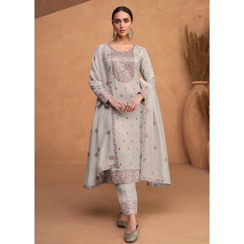 3 Pc Grey Semi Stitched Silk Suit Set - JD986604603