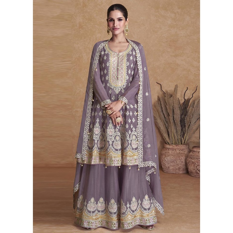 3 Pc Lavender Semi Stitched Georgette Suit Set - JD986604602