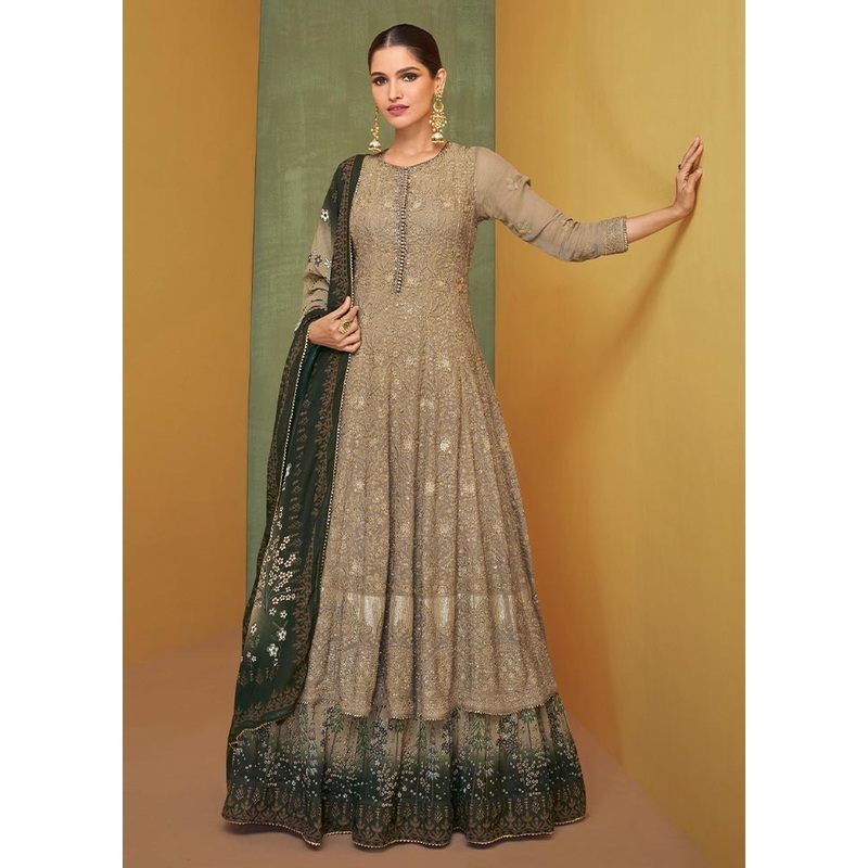 3 Pc Light Brown Semi Stitched Georgette Suit Set - JD986604601