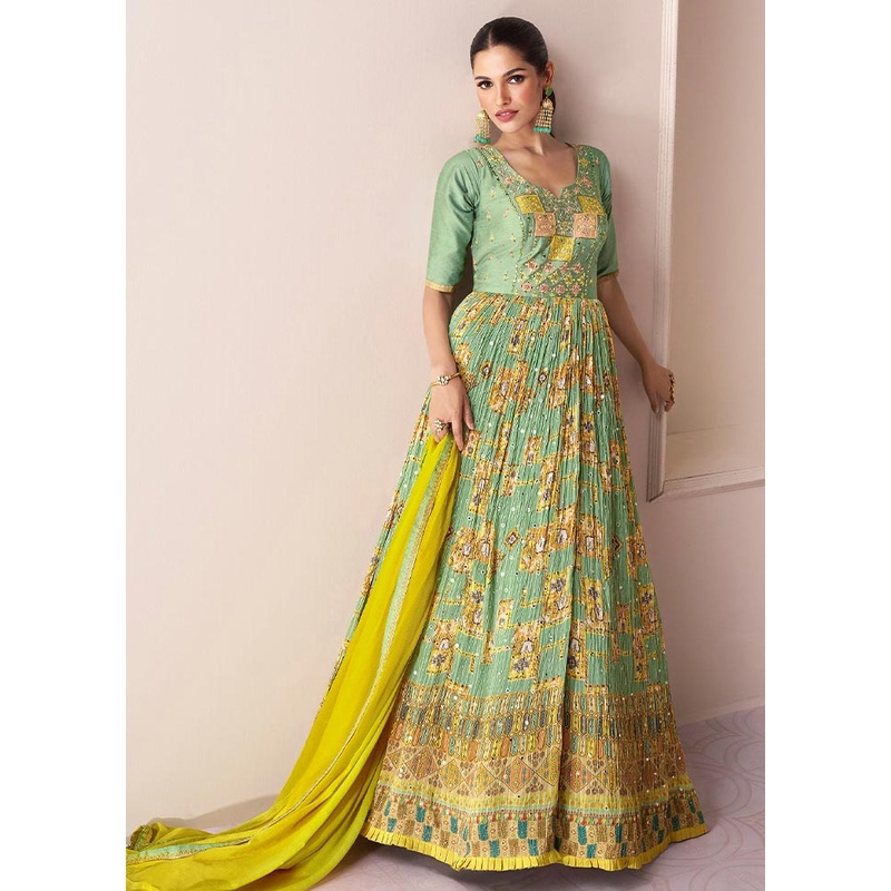 3 Pc Light Green Semi Stitched Georgette Suit Set - JD986604600
