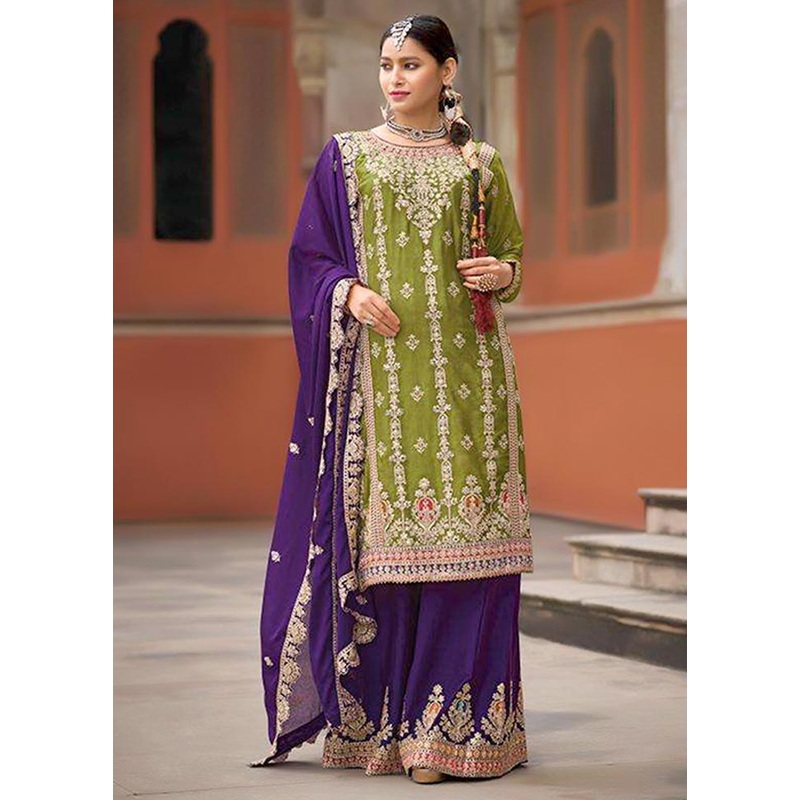 3 Pc Light Green Semi Stitched Silk Suit Set - JD986604598