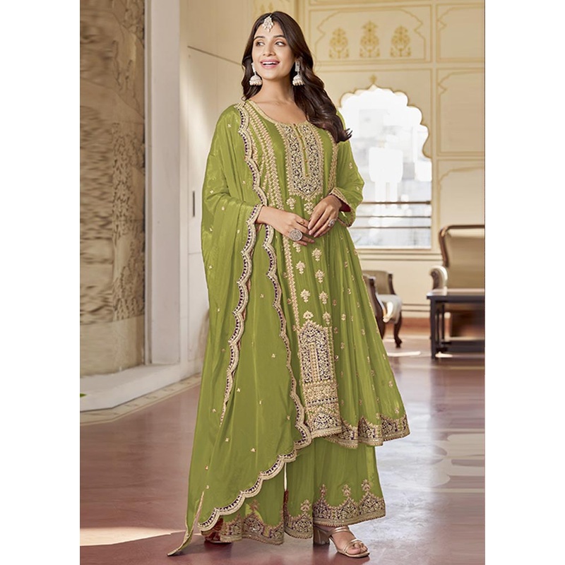 3 Pc Light Green Semi Stitched Silk Suit Set - JD986604599