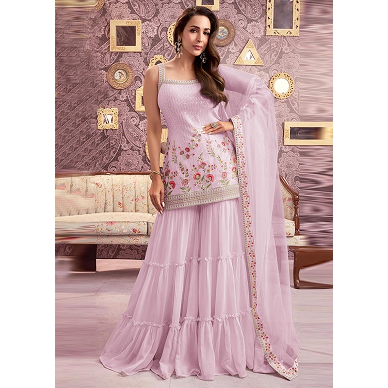 3 Pc Light Pink Semi Stitched Georgette Suit Set - JD986604594