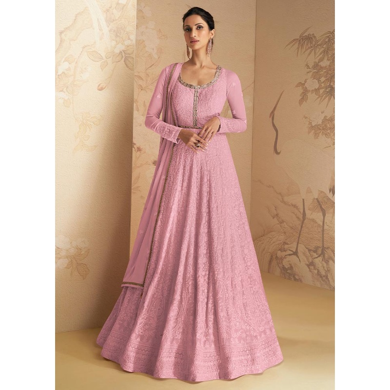 3 Pc Light Pink Semi Stitched Georgette Suit Set - JD986604596