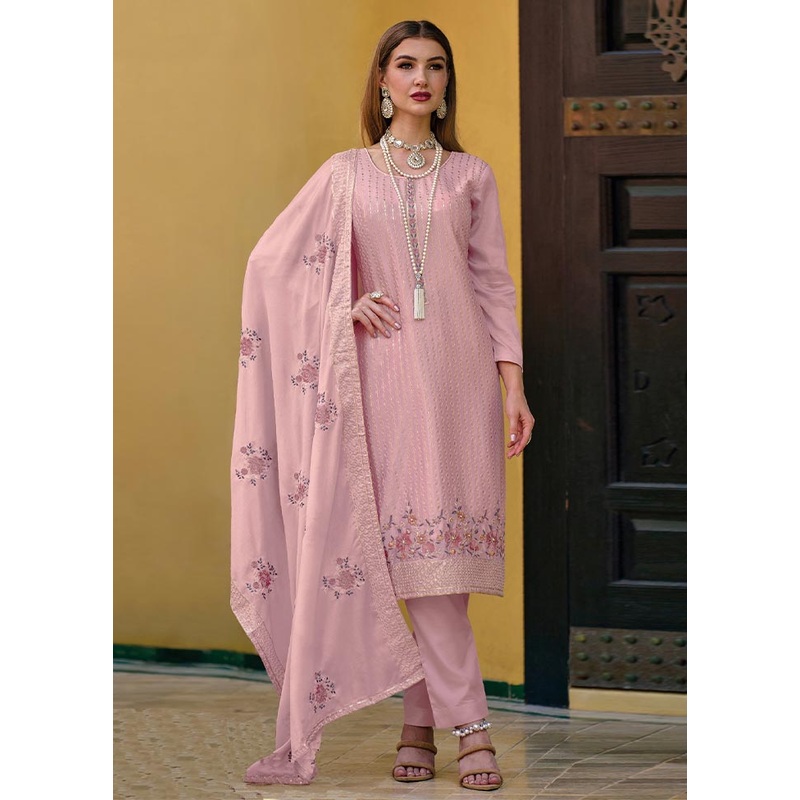 3 Pc Light Pink Semi Stitched Georgette Suit Set - JD986604597