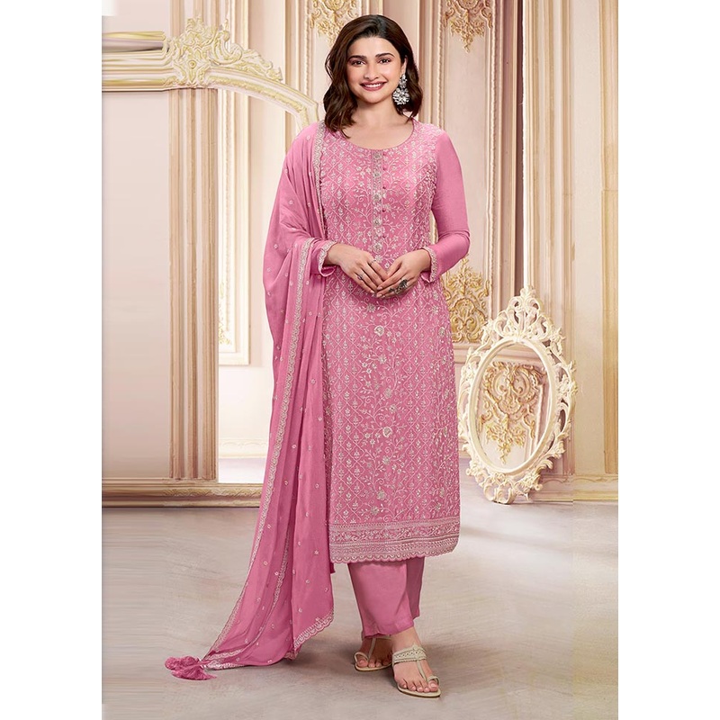 3 Pc Light Pink Semi Stitched Silk Suit Set - JD986604593