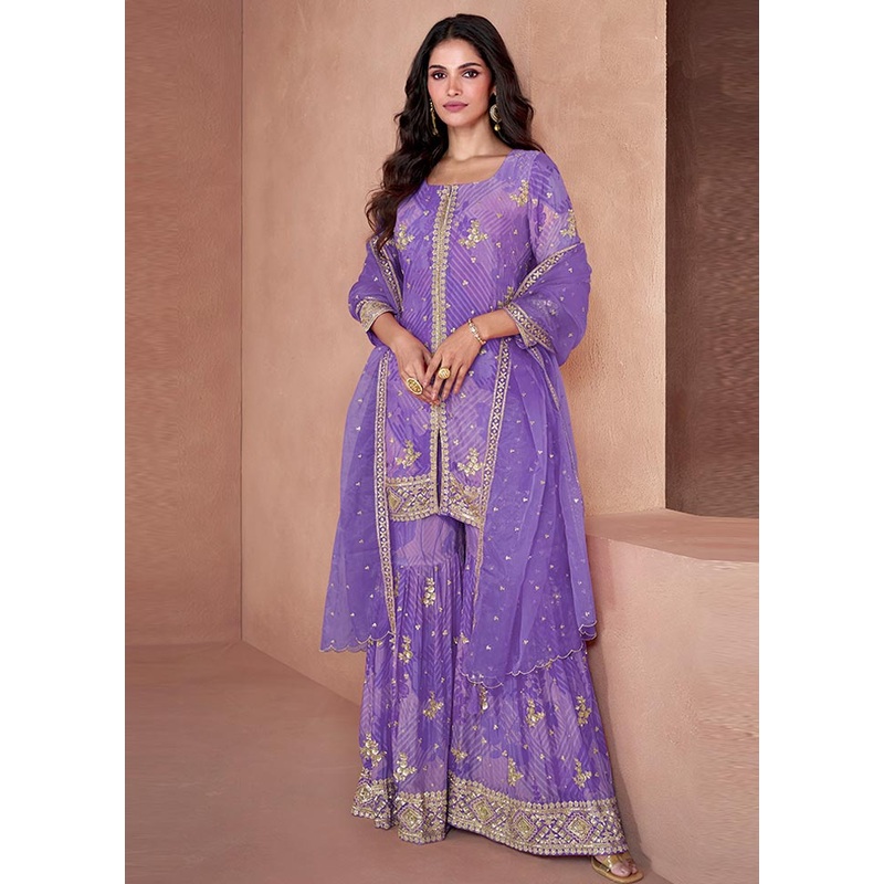 3 Pc Light Purple Semi Stitched Georgette Suit Set - JD986604592