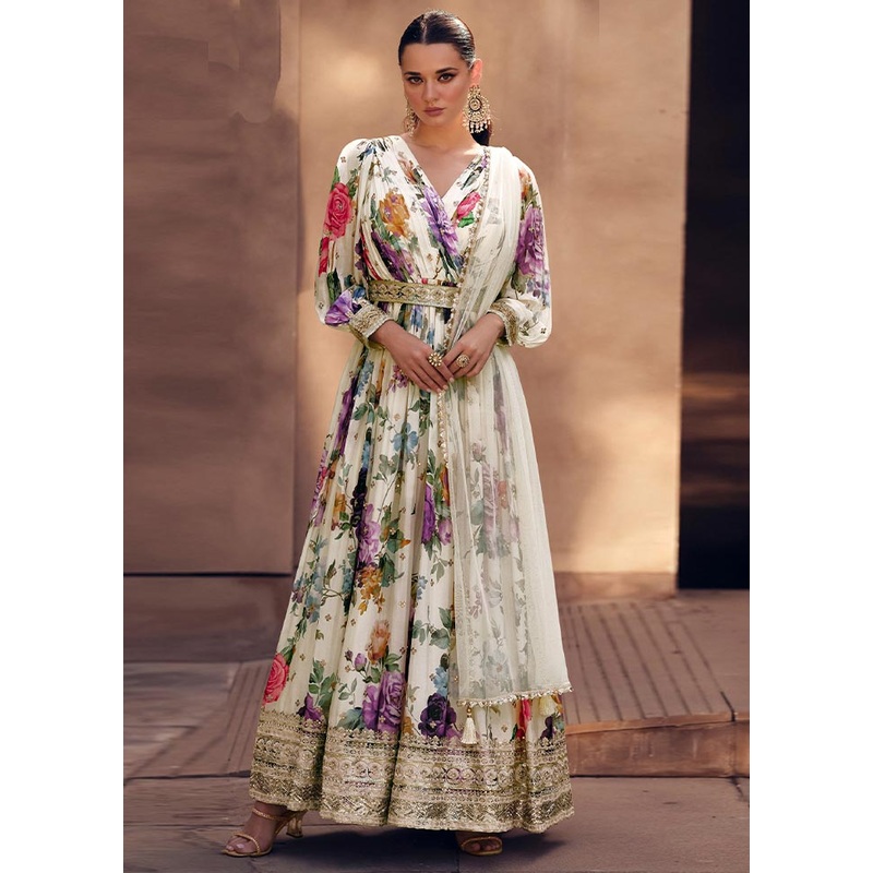 3 Pc White Semi Stitched Georgette Suit Set - JD986604675