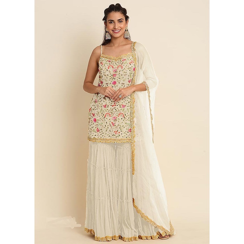 3 Pc White Semi Stitched Georgette Suit Set - JD986604676