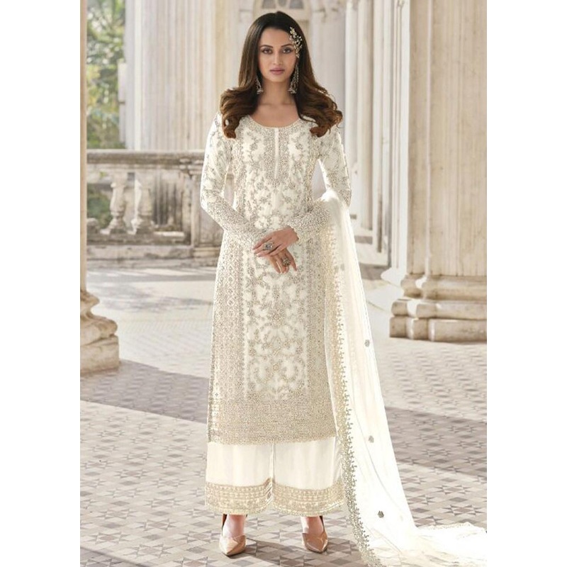 3 Pc White Semi Stitched Net Suit Set - JD986604674