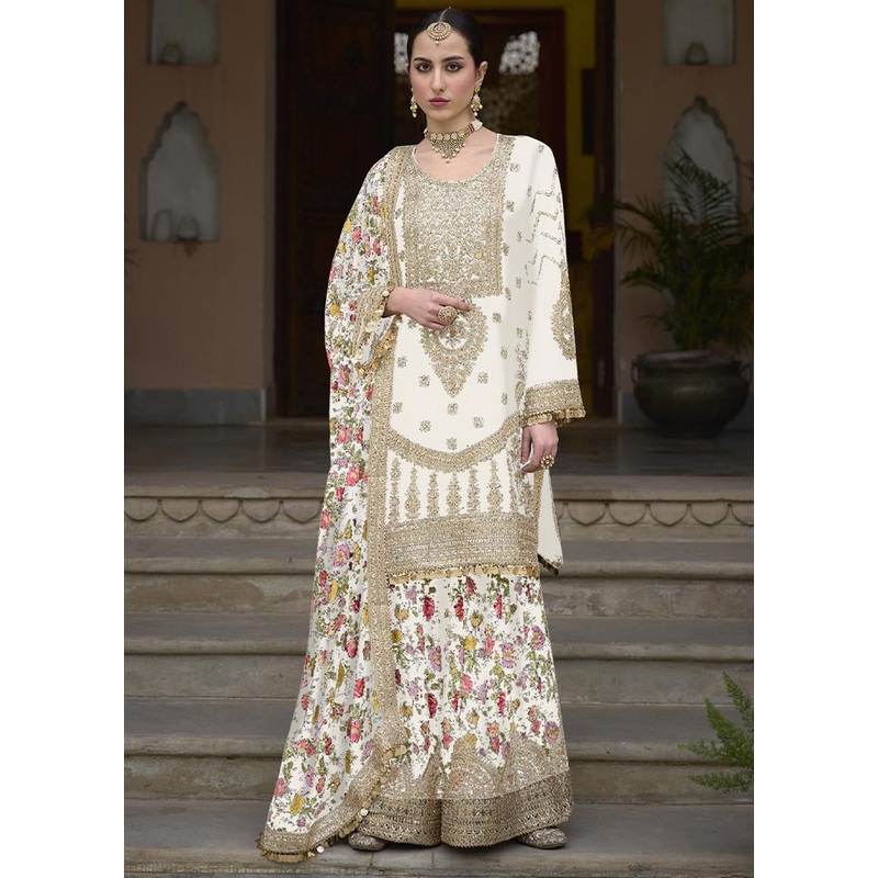3 Pc White Semi Stitched Silk Suit Set - JD986604672