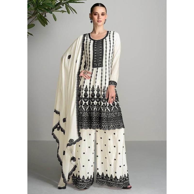 3 Pc White Semi Stitched Silk Suit Set - JD986604673