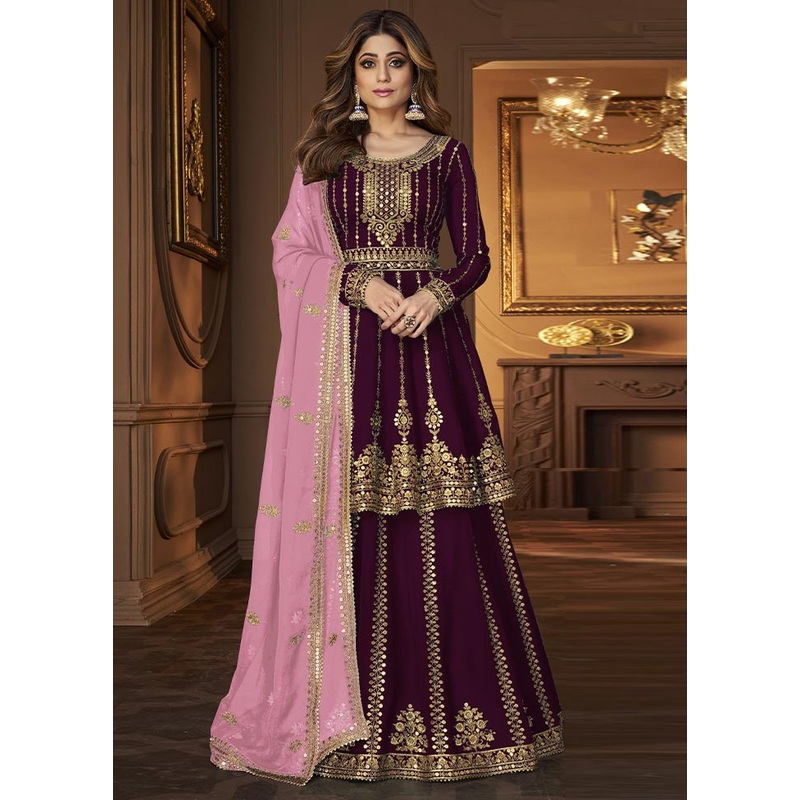 3 Pc Wine Semi Stitched Georgette Suit Set - JD986604671
