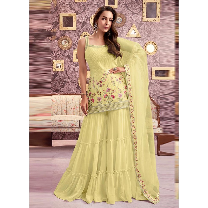 3 Pc Yellow Semi Stitched Georgette Suit Set - JD986604666