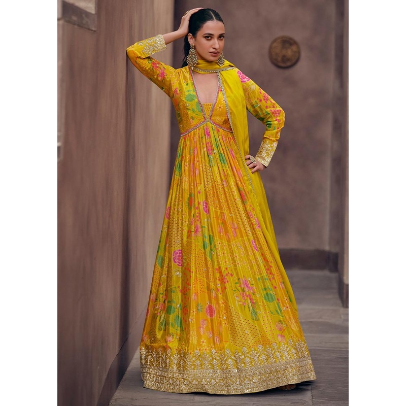 3 Pc Yellow Semi Stitched Georgette Suit Set - JD986604667