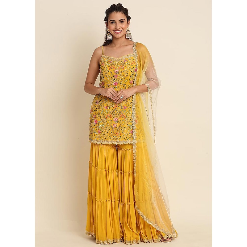 3 Pc Yellow Semi Stitched Georgette Suit Set - JD986604668