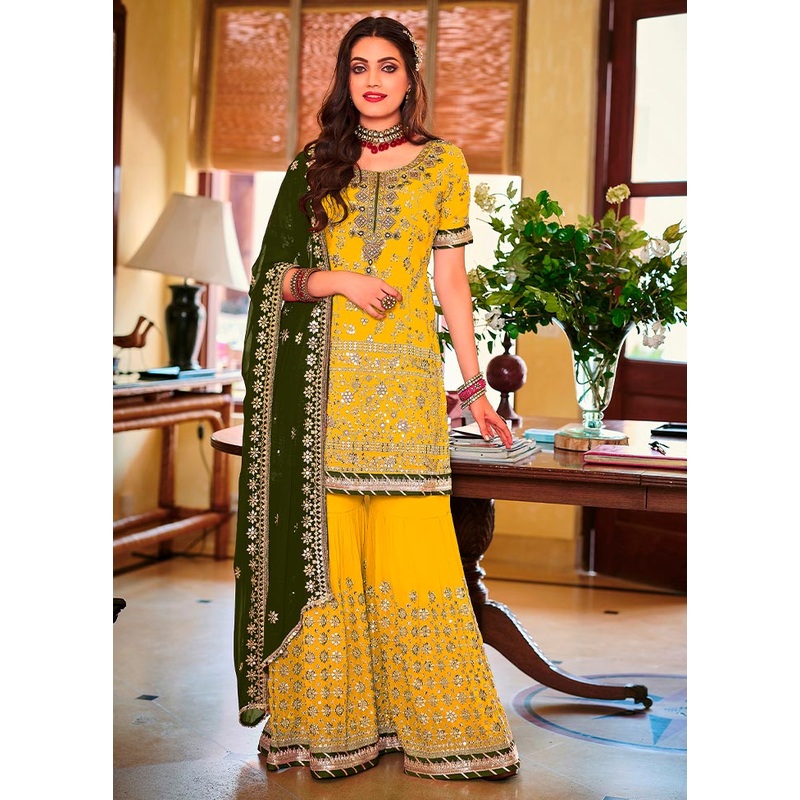 3 Pc Yellow Semi Stitched Georgette Suit Set - JD986604669
