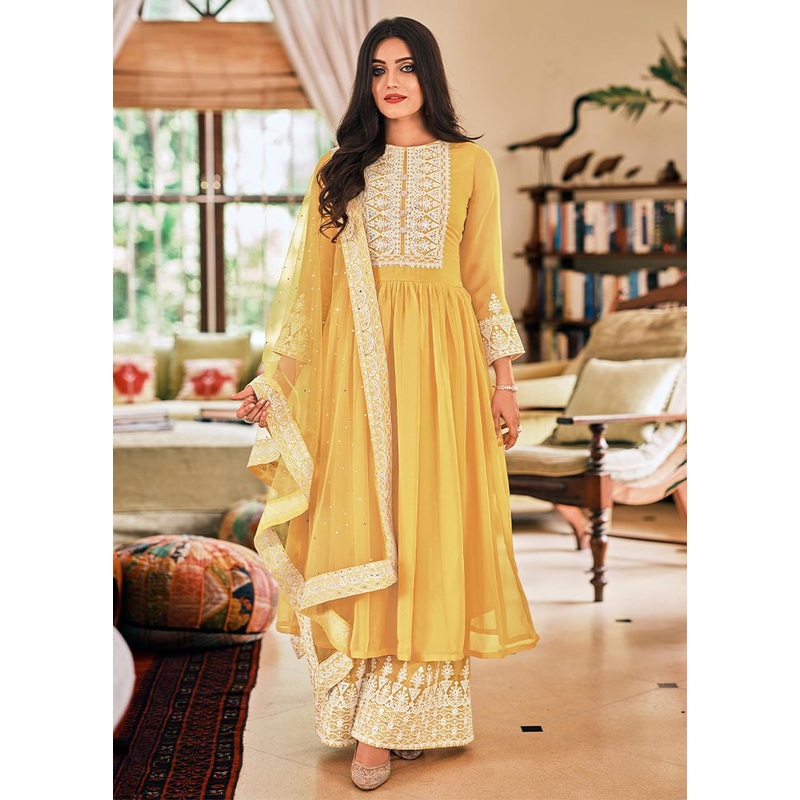 3 Pc Yellow Semi Stitched Georgette Suit Set - JD986604670